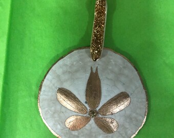 Sand dollar Christmas ornament gilded golden Swarovski crystal accented harvested from Westport Beach WA