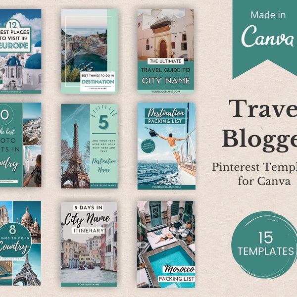 15 modèles Pinterest personnalisables | Modèles Canva pour les blogueurs de voyage | Modèles d'épingles Pinterest | Modèles de blog de voyage pour Pinterest