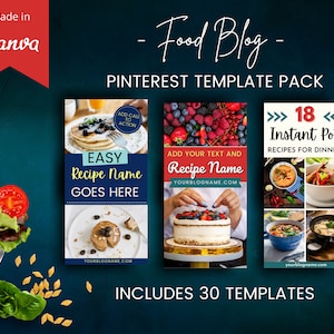 30 Food Blogger Pinterest Templates für Canva | Anpassbare Canva Templates | Rezept Pinterest Vorlagen | Pin Templates für Food Blogger