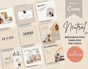 30 Neutral Instagram Post Templates | Instagram Templates for Canva | Neutral Beige Templates | Instagram Posts | Neutral Template