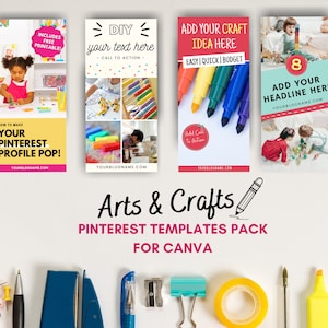 Könnte beinhalten: Ein Satz von acht farbenfrohen Pinterest-Vorlagen für Canva, die für Kunst- und Bastelprojekte entwickelt wurden. Die Vorlagen zeigen Bilder von Kindern, die an Bastelarbeiten beteiligt sind, bunte Marker und Textfelder, in die Sie Ihren eigenen Inhalt einfügen können. Die Vorlagen sind perfekt, um Ihr Kunst- und Bastelgeschäft zu bewerben oder Ihre kreativen Projekte zu teilen.