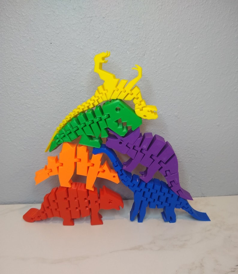 Ensemble de dinosaures flexibles / Blocs empilables / Jouet Montessori / Ensemble de 6 pièces / Imprimé en 3D Multicolore