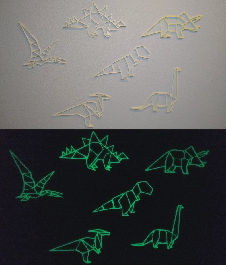 Geometric Dinosaur Outline Set / Wall Decor / 6 Piece Set / 3D Printed Glow in the Dark