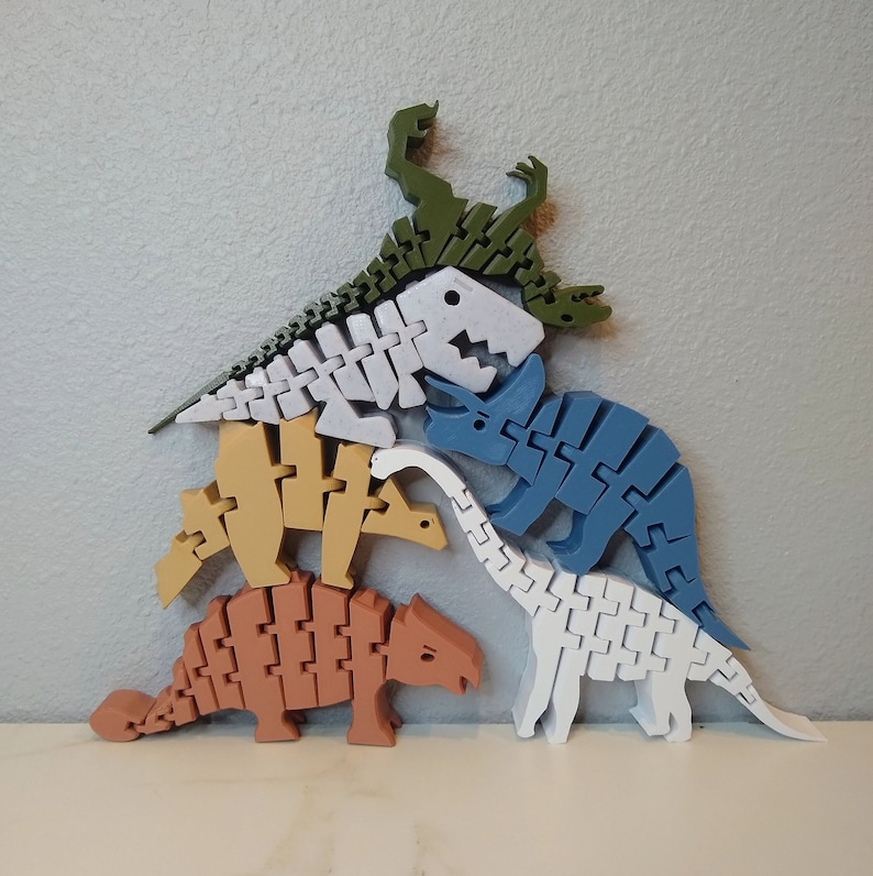 Flexible Dinosaur Toy Set / Stacking Blocks / Montessori Toy / 6 Piece Set / 3D Printed Earth Tones