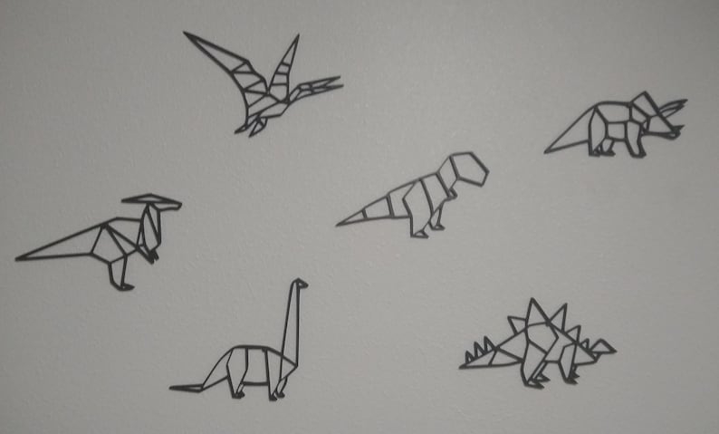 Geometric Dinosaur Outline Set / Wall Decor / 6 Piece Set / 3D Printed Black