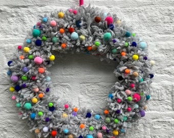 Gorgeous sustainable grey wool wreath/ ring/wall/ door hanging with felt pom poms size 14”