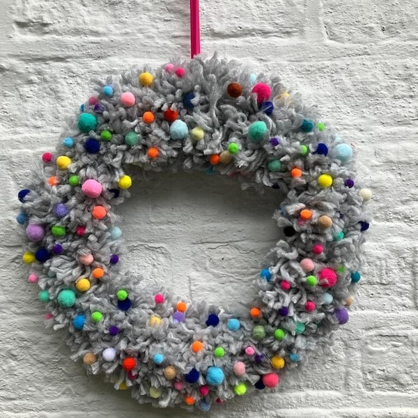 Gorgeous sustainable grey wool wreath/ ring/wall/ door hanging with felt pom poms size 14”