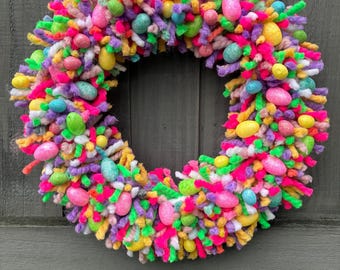 Pretty mixed wool Easter wreath with pretty sparkly Easter eggs