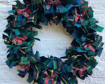 Gorgeous tartan rag wreath,ring,wall,door hanging with tartan bows size 14”