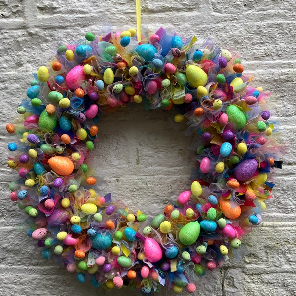 Large rag Easter wreath,wall, door, hanging with pretty Ester eggs,pastels and sparkles size 20”