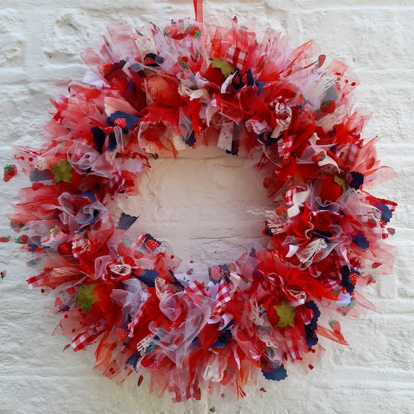 Gorgeous strawberries and cream summer rag wreath,ring,wall,door hanging with handmade felt strawberries size L/ 16”
