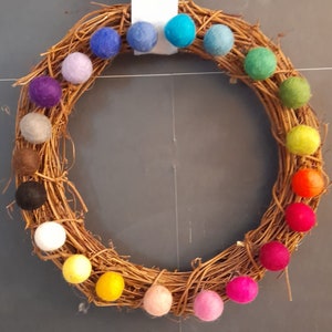 Pretty Rattan ring/wreath/wall/door hanging with gorgeous wool felt balls rainbow colours size 12”