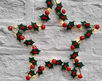 Ho ho ho, holly and woodland mushroom Star wreath,door, wall, hanging with lights size 12”