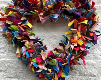 Pretty mixed felt heart wreath,wall,door hanging size 12”