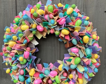 Beautiful pastel felt Easter wreath with gorgeous sparkly eggs