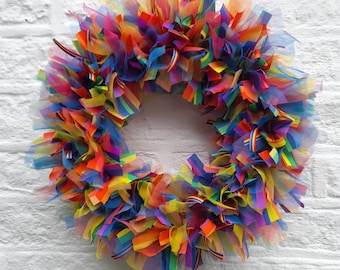 Gorgeous Rainbow rag wreath, ring,wall,door hanging size 16”