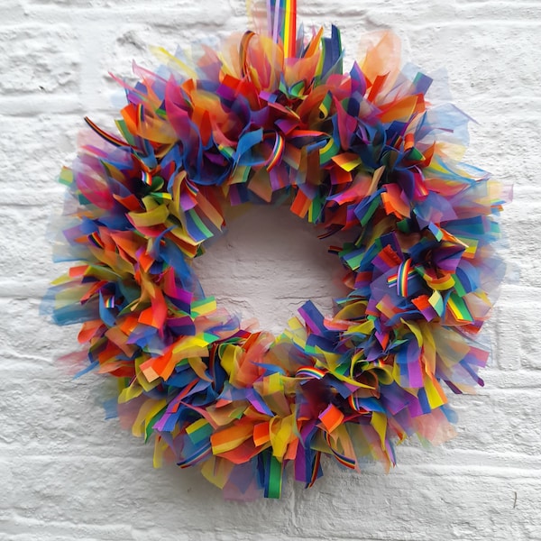 Gorgeous Rainbow rag wreath, ring,wall,door hanging size 16”