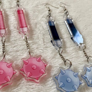 Acrylic Flail Earrings, mace earrings, cute medieval weaponry jewelry, statement piece, morning star dangle earrings