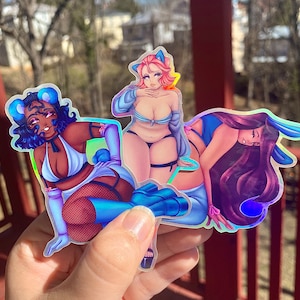Blue Animal Girl Sticker Set | Holographic Weatherproof Pin-Up Stickers | Cat, Bear, and Bunny