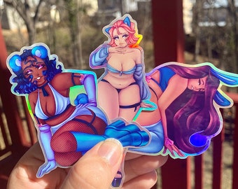 Blue Animal Girl Sticker Set | Holographic Weatherproof Pin-Up Stickers | Cat, Bear, and Bunny