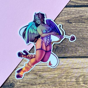 Devil Girl Sticker, Holographic Pinup Girl, waterproof vinyl sticker for laptop, car, water bottle, journal, monster girl art