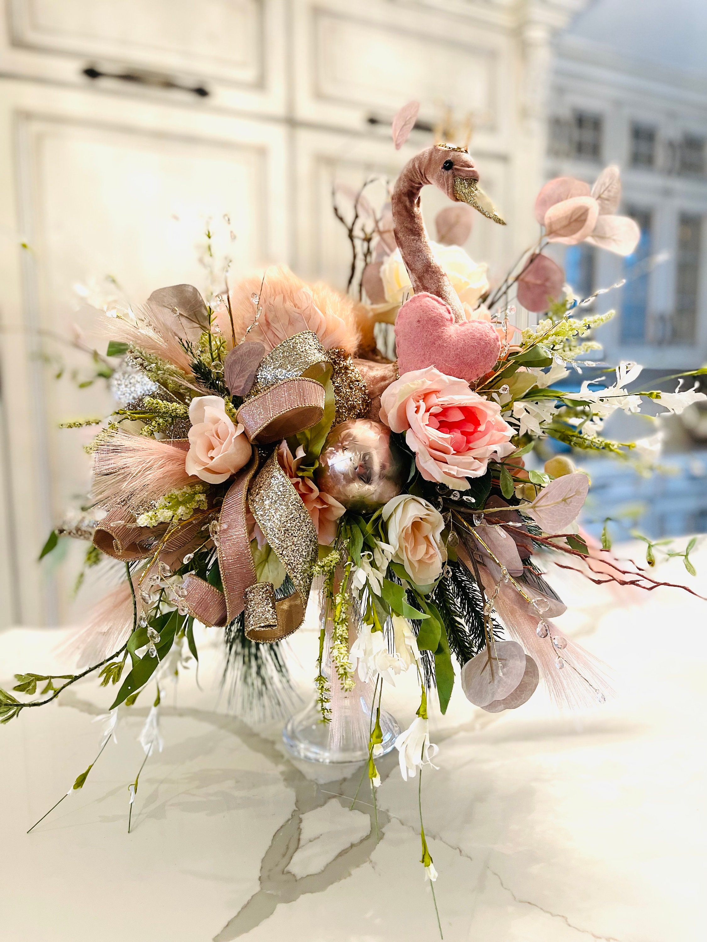 Pink Swan Centerpiece table Decor valentines Centerpiece centerpiece pink Roses luxury Ribbon crown heart glass home Decoration gift Etsy