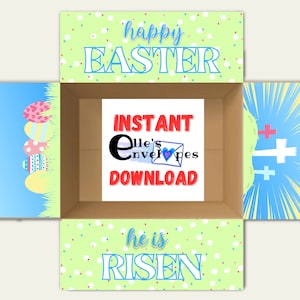 May include: A printable Easter box template with a green and white polka dot background. The top flap says "Happy Easter", the bottom flap says "He is Risen", and the inside flap says "Instant Download".