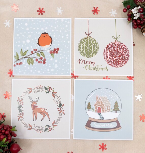 Christmas Greeting Card Pack of 4 | Pack of 4 or Buy Individually | Illustrated Christmas Card | Christmas Cards | Snow Globe | Deer | Robin