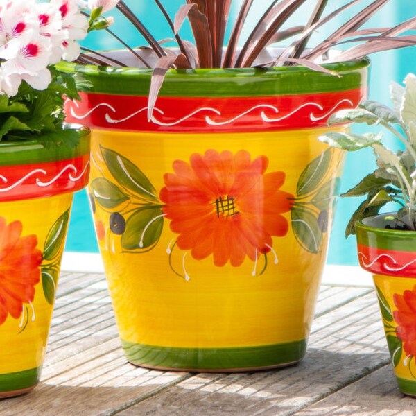 Sunshine Ceramica Olivar Design Pot Planter for outdoor or indoor MADE IN SPAIN hand painted 12" Width x 11" Height