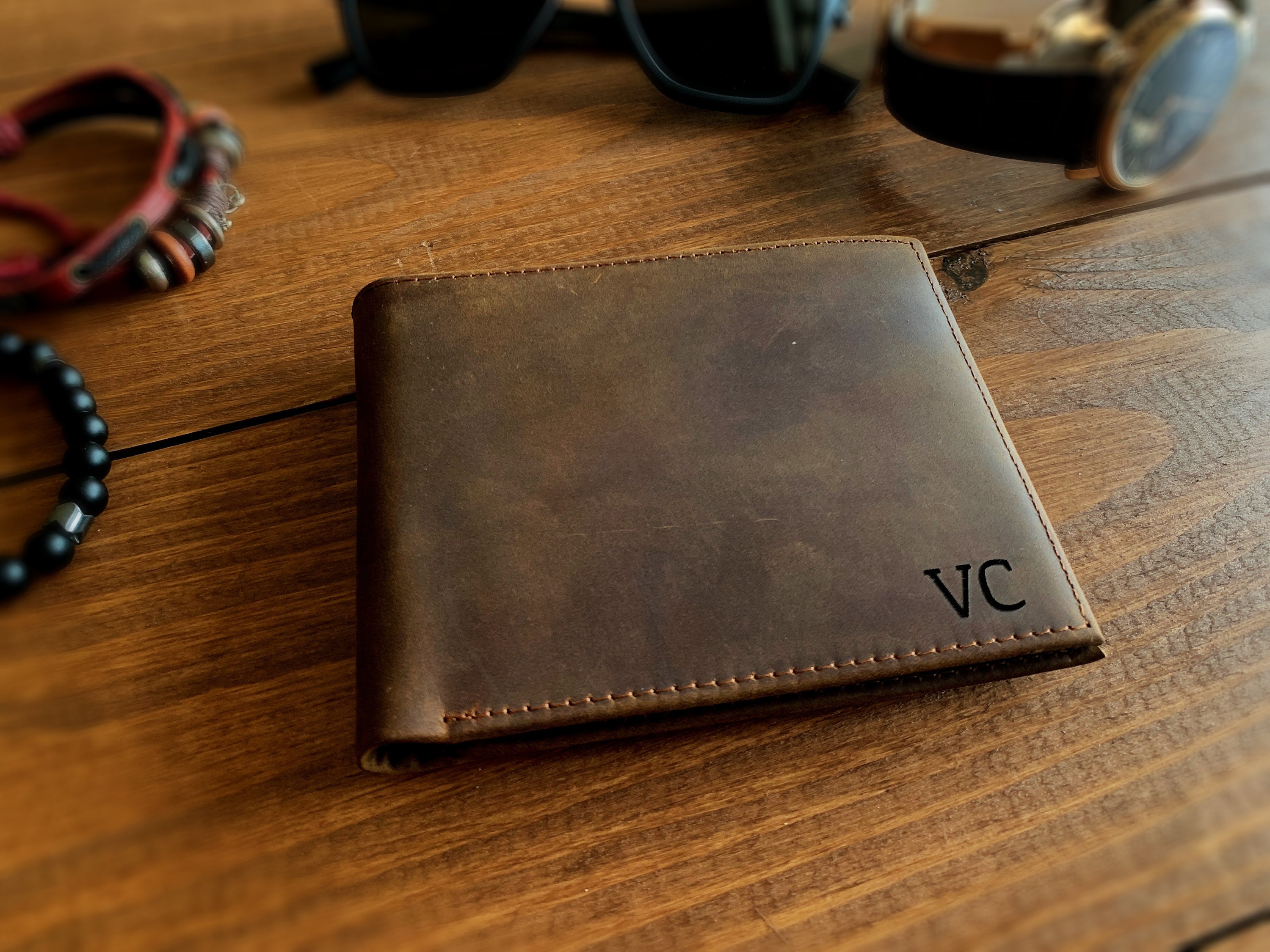 Engraved Mens Leather Wallet, RFID Tech Bifold Wallet With Clear ID P…