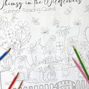 May include: Black and white line art coloring page titled "Whimsy in the Wildflowers Summer Reading Quest." The illustration features whimsical houses, flowers, insects, and animals. Colored pencils in blue, red, green, and pink are partially visible.