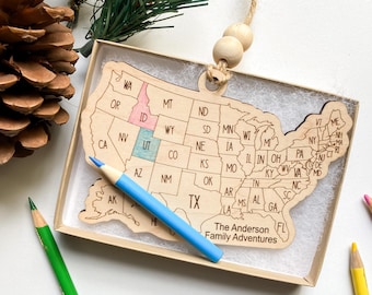 Custom USA Travel Ornament, States Visited Map, Roadtrip Checklist, RV Adventure Gift, Personalized Travel Keepsake, US Travel Map Ornament