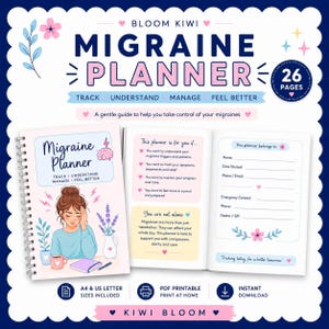 Op de afbeelding: Een 26-pagina tellende migraineplanner met spiraalbinding en een lichtroze omslag met een illustratie van een persoon die het hoofd vasthoudt. De binnenpagina's bevatten secties voor het bijhouden van triggers, symptomen en contactgegevens in A4 en US Letter.