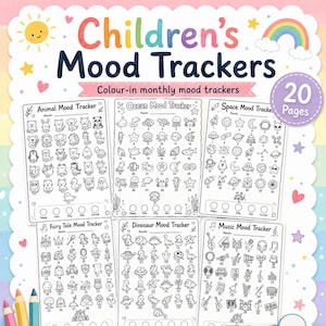 Puede incluir: Un conjunto de 20 páginas imprimibles de seguimiento del estado de ánimo para niños con diseños de arte lineal en blanco y negro. Los temas incluyen animales, océano, espacio, cuentos de hadas, dinosaurios y música con iconos numerados.