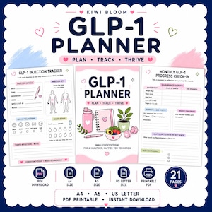 May include: A digital GLP-1 planner set featuring a cover page with illustrations of a water bottle, notebook, plant, and dumbbell, alongside an injection tracker and a monthly progress check-in page. Includes 21 pages in US Letter size.