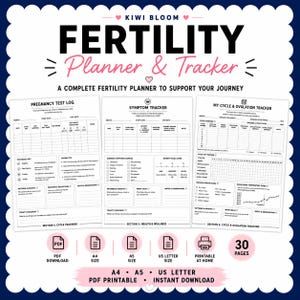 May include: A Kiwi Bloom Fertility Planner & Tracker with 30 pages. The document includes a Pregnancy Test Log, Symptom Tracker, and My Cycle & Ovulation Tracker. It is available as a PDF download in A4, A5, and US Letter sizes for printing.