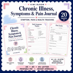 Könnte beinhalten: Ein druckbares Journal für chronische Krankheiten, Symptome und Schmerzen mit 20 Seiten. Das Set enthält ein Deckblatt, einen täglichen Symptom-Tracker und einen Schmerz-Tracker. Das Design umfasst rosa und blaue Akzente, Symbole und Text zur Gesundheitsverfolgung in den Formaten A4, A5 und US Letter.
