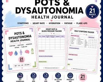 May include: A digital health journal titled POTS & DYSAUTONOMIA HEALTH JOURNAL with 21 pages. It includes trackers for symptoms, heart rate, blood pressure, and hydration. The layout features pink, blue, and green accents with icons for PDF, A4, A5, and US Letter sizes.