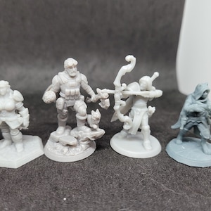 May include: Five gray plastic miniature figurines of fantasy characters. The figures are standing on round bases. The figures are a warrior, a ranger, a rogue, a wizard, and a cleric.