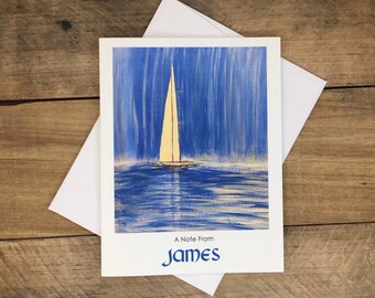 Personalisierte Notizkarten, Wähle Schriftart, mit Namen, Segelboot Eine Notiz aus Briefpapier Geschenk für Sie Frauen Männer Mama Kind Kind Junge Freundin