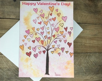 Valentine's Day Card, Happy Valentine's Day, Valentine Greeting Card, Handmade Valentine, Tree of Hearts Painted Valentine, Pink Hearts