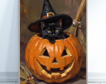 Halloween Black Cat Digital Print, Witch Hat Pumpkin Jack O Lantern Wall Art, Spooky Autumn Home Decor, Instant Download Printable