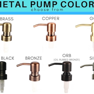 Op de afbeelding: Een selectie van metalen zeepdispenserkleuren, waaronder messing, koper, goud, matzwart, brons, orb (olie gepolijst brons) en zilver.