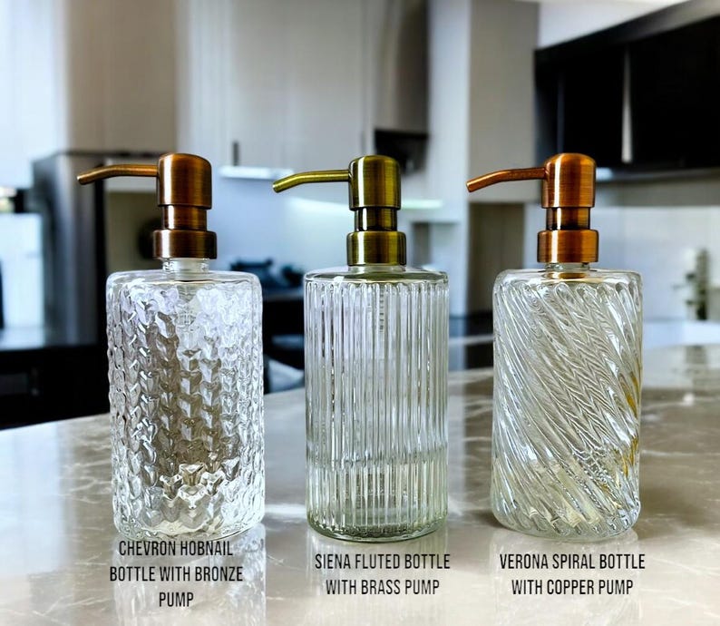 Elegant Fluted, Hobnail, Spiral Glass Liquid Soap Dispenser Bottle | 16 oz. Refillable | Hand Soap or Dish Soap | Pump | Gift | Apothecary image 9