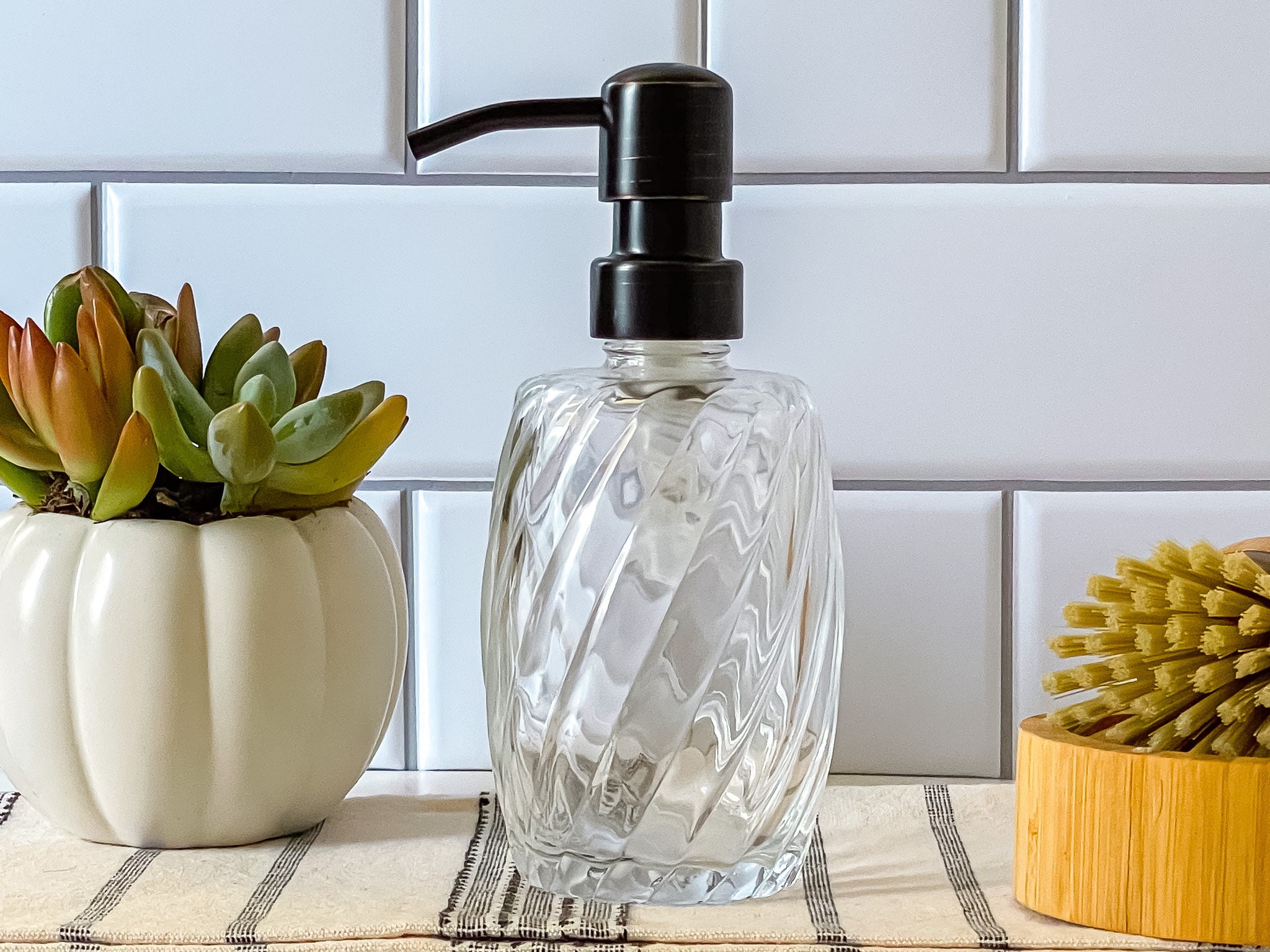 Vintage 14 oz. Glass Liquid Soap Dispenser Bottle | Refillable | Hand Soap or Dish Soap | 304 Stainless Steel Metal Pump | Gift | Apothecary
