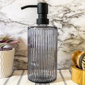 Elegant Fluted, Hobnail, Spiral Glass Liquid Soap Dispenser Bottle | 16 oz. Refillable | Hand Soap or Dish Soap | Pump | Gift | Apothecary Siena Grey