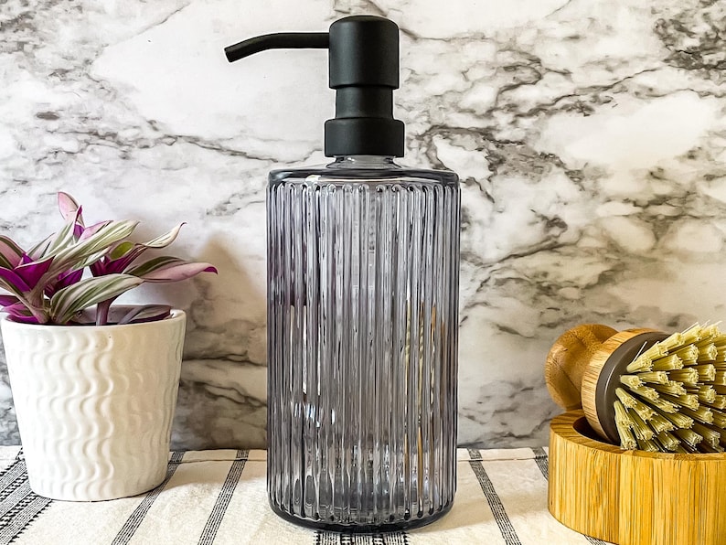 Elegant Fluted, Hobnail, Spiral Glass Liquid Soap Dispenser Bottle | 16 oz. Refillable | Hand Soap or Dish Soap | Pump | Gift | Apothecary Siena Grey