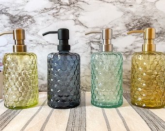 Honeycomb Glass Liquid Soap Dispenser Bottle | Refillable | Hand Soap or Dish Soap | Stainless Steel Metal Pump | Gift | Apothecary | 16 oz.