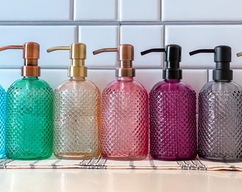 Glass Liquid Soap Dispenser Hobnail Bottle 14 oz. | Refillable | Hand Soap or Dish Soap | 304 Stainless Steel Metal Pump | Apothecary