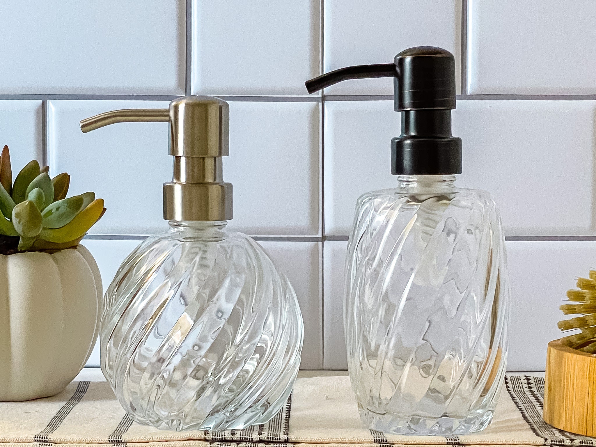 Elegant Spiral 10 oz. Glass Liquid Soap Dispenser Bottle Refillable Vintage Hand Soap Dish Soap Stainless Steel Pump Gift Lotion